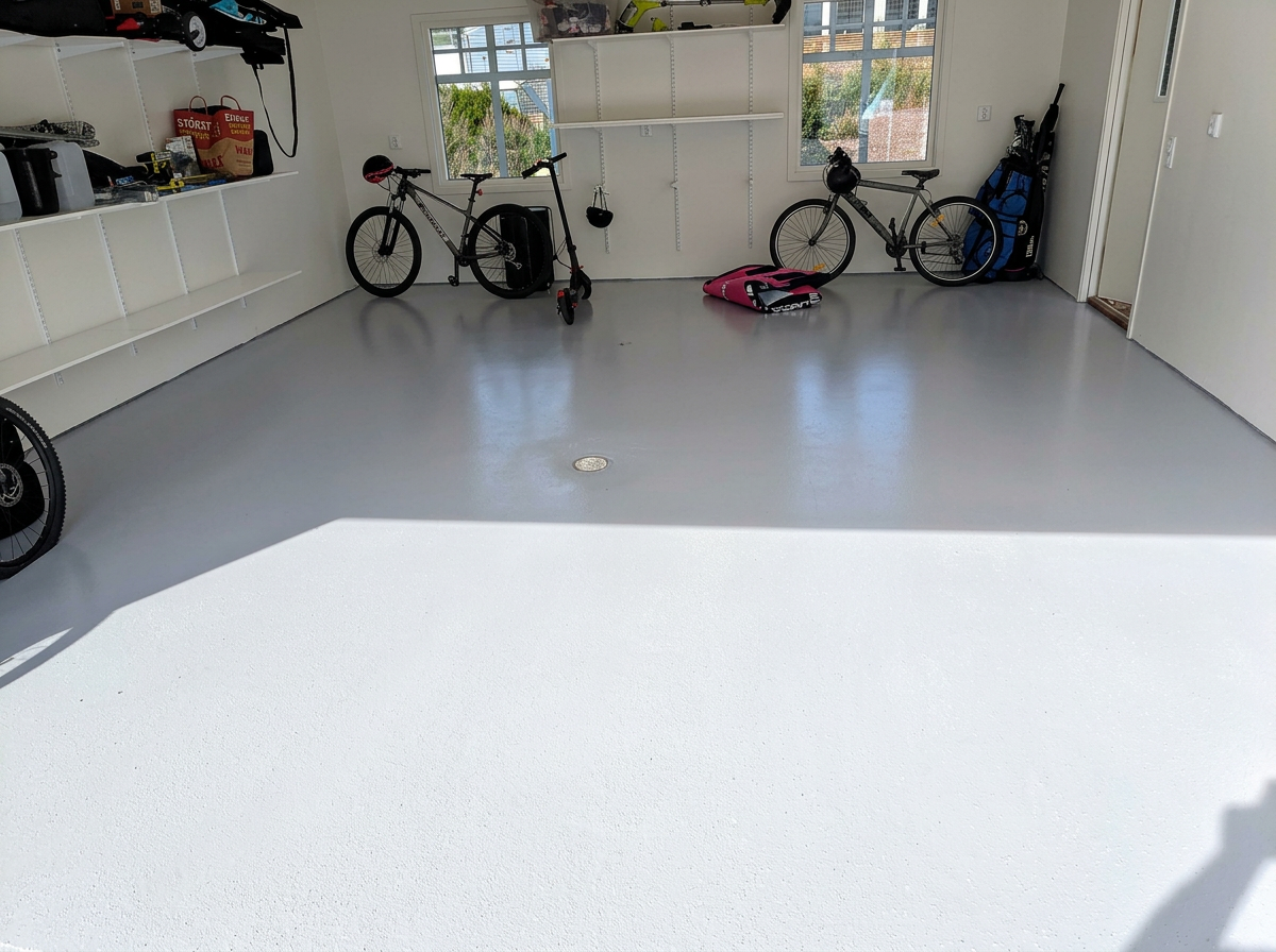 Färdigt ljust epoxigolv i ett garage